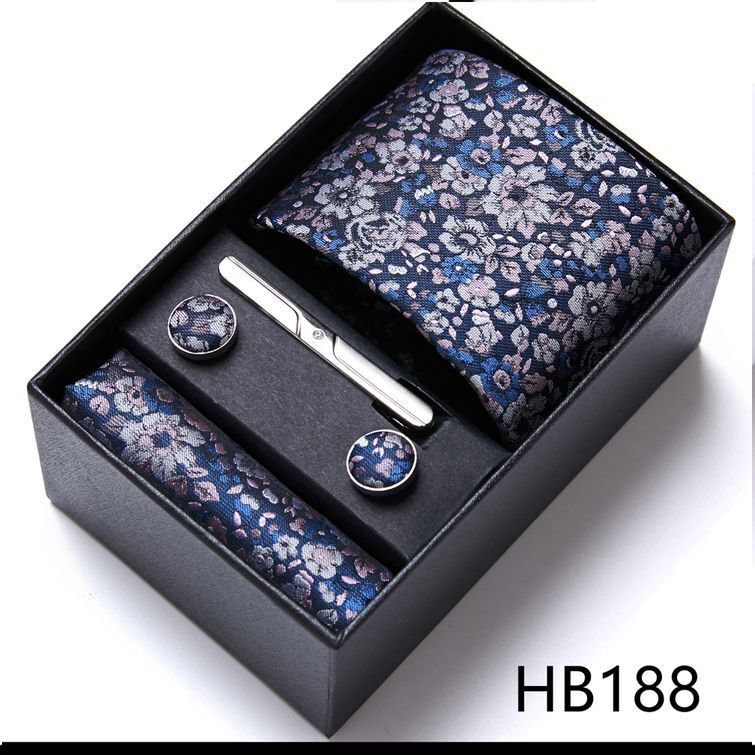 Men Neckties 5Pcs Business Ties Hanky Cufflink Set Clips Corbatas Gift Box 7.5cm