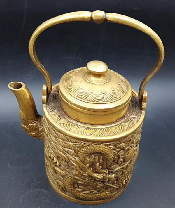 Chinese Antique Brass Carved Dragon Teapot Furnishing Articles