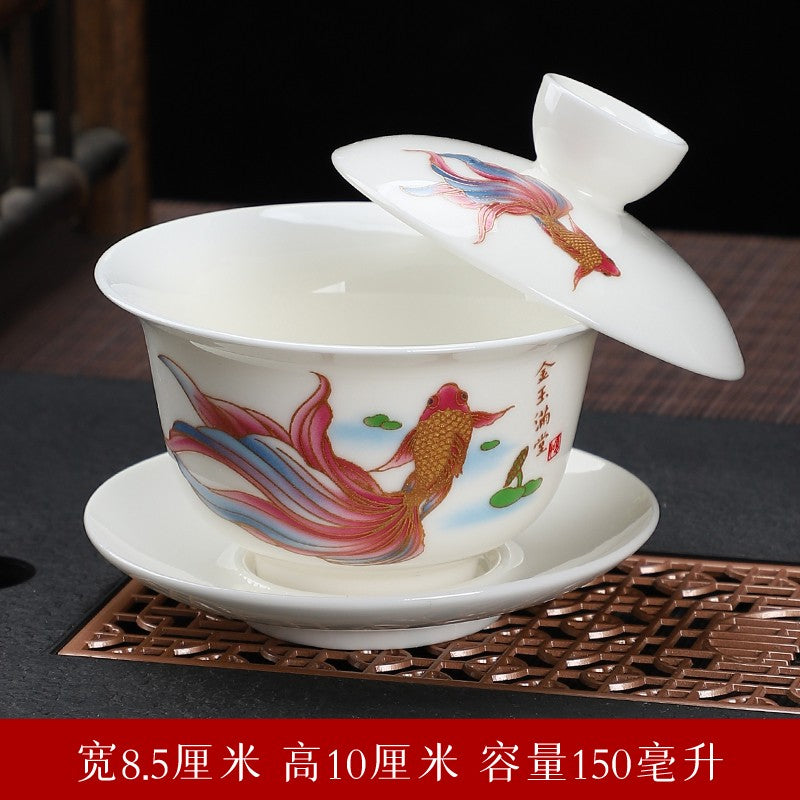 Sheep Fat Jade Porcelain Dehua Cover Bowl White Porcelain Blue and White Tea Set