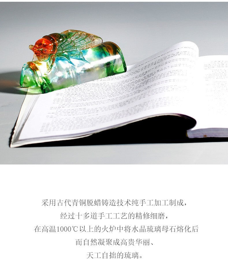 Chinese Liu Li Crystal Cicada Statue Figurine Paper Weight Decor
