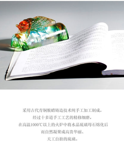 Chinese Liu Li Crystal Cicada Statue Figurine Paper Weight Decor