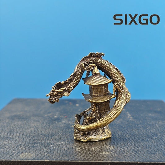 1.4" China Artware Vintage Brass Dragon Tower Mini Statue Bonsai Rockery Decor