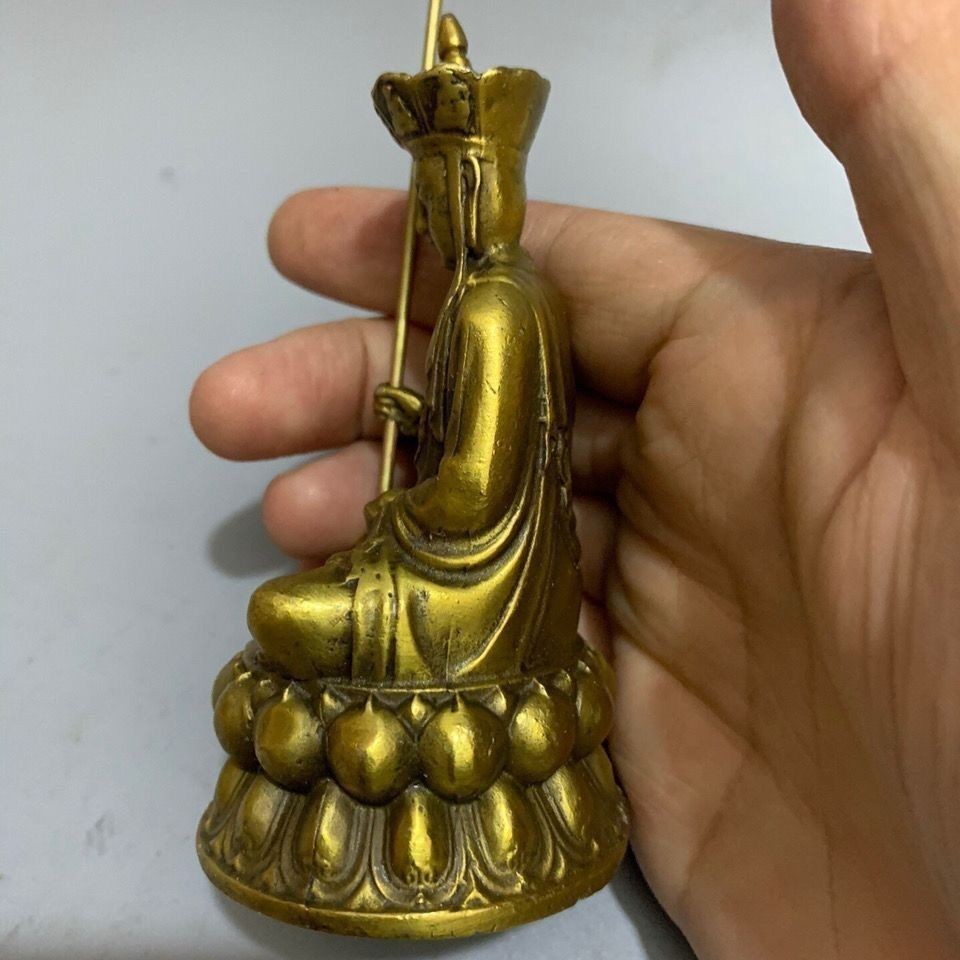 Vintage Brass Ksitigarbha Bodhisattva Statue Jiuhua Mountain Copper Ornament