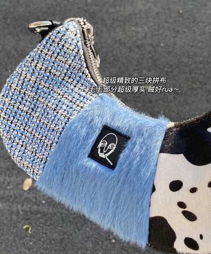 Patchwork Plush Bag Vintage Zipper Chains Aesthetic Purse 32*12*4 CM Blue 1 PC