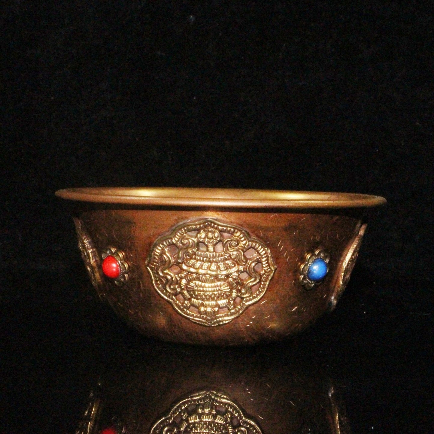 Vintage Nepalese Red Copper Bowl 4.92×2.17in Inlaid Gem 162g Butter Tea Cup