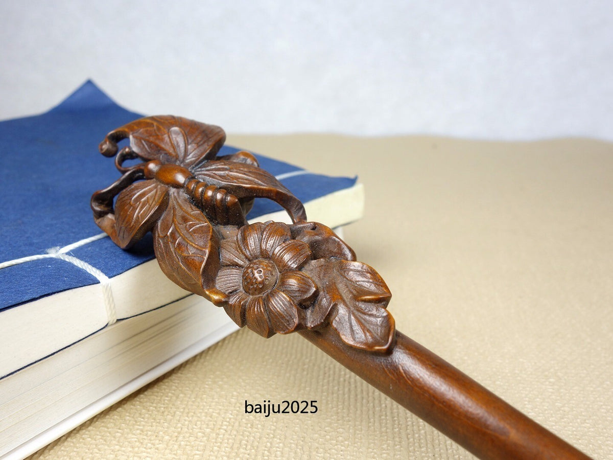 Chinese Antique Boxwood Wooden Carved Butterfly Statue Hairpin Hair Accessories