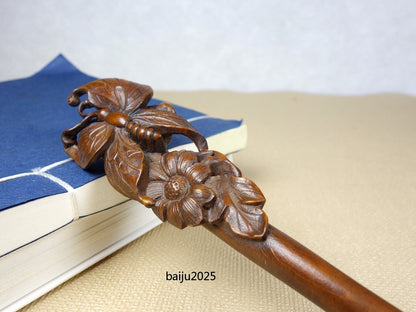 Chinese Antique Boxwood Wooden Carved Butterfly Statue Hairpin Hair Accessories