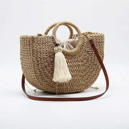 Straw Bag Spring/Summer Casual Round Handle Thick Woven Shopping Bag 36*23*11 CM