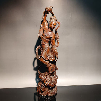 10"chinese carved wood statue pretty woman home decor carving figure wooden gift
