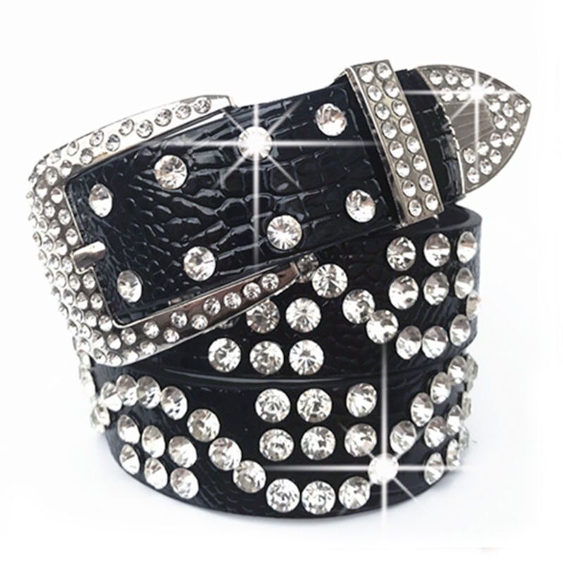 Women Leather Belt Rhinestone Fashion Men Casual Bling Jeans Waistband 110x3.3cm