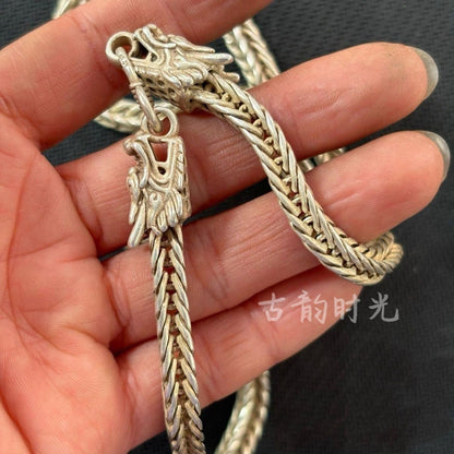 Vintage Copper Silver-Plated Double Dragon Necklace, Antique Collection