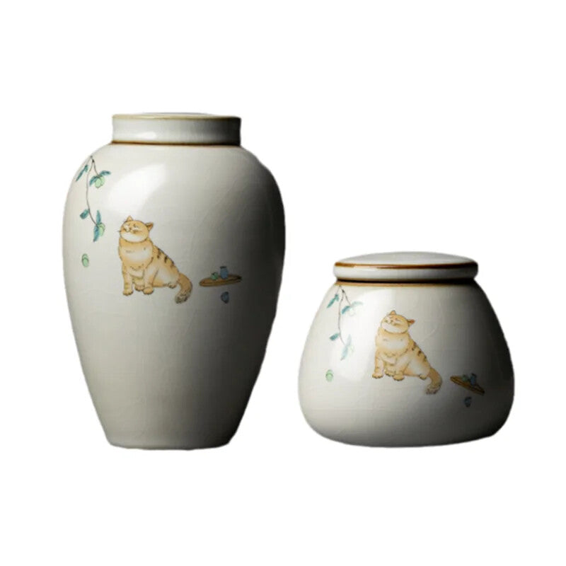 1pc Retro Ru Kiln Ceramics Tea Caddy Cute Cat Pattern Portable Sealed Containers