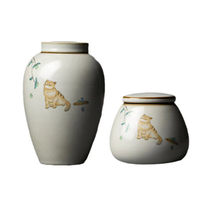 1pc Retro Ru Kiln Ceramics Tea Caddy Cute Cat Pattern Portable Sealed Containers