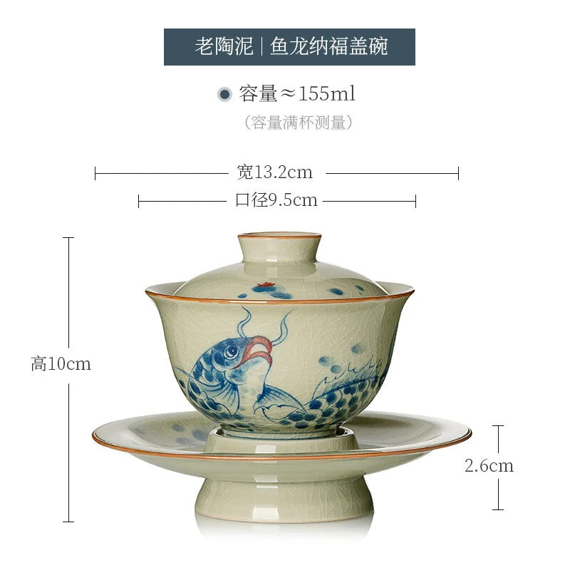 Hand-painted Pottery Clay Gaiwan Ru Porcelain Fish Dargon Bowls Cover Bowl