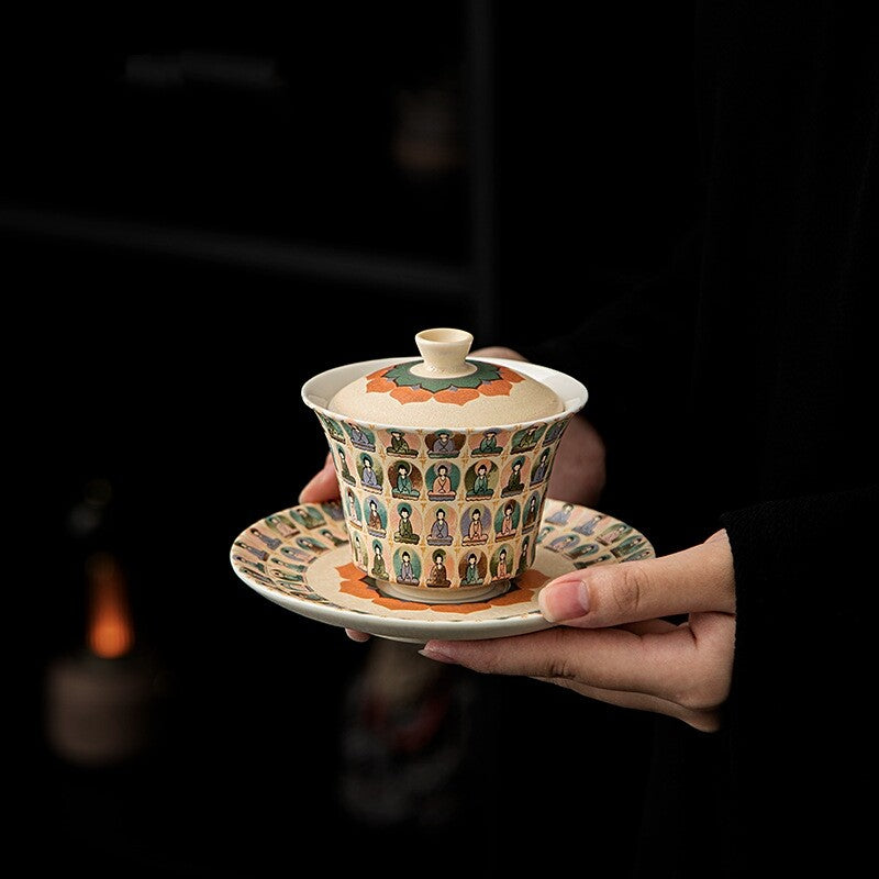 Mogao Grottoes Design Porcelain Gaiwan 150ml Sancai Bowl Zen Style Tureen Saucer