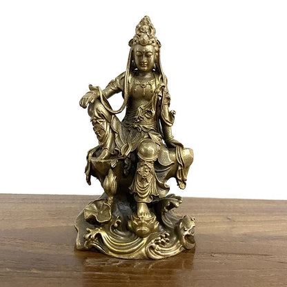 12.3cm Bronze Handcarved Leisurely Guan Yin Buddha Statue Collection Ornament