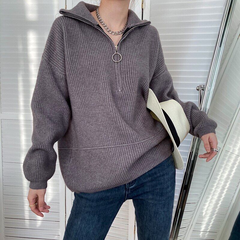 Women's Turtleneck Zipper Sweater Gray White Black High Neck Jumper