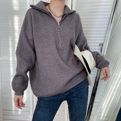 Women's Turtleneck Zipper Sweater Gray White Black High Neck Jumper