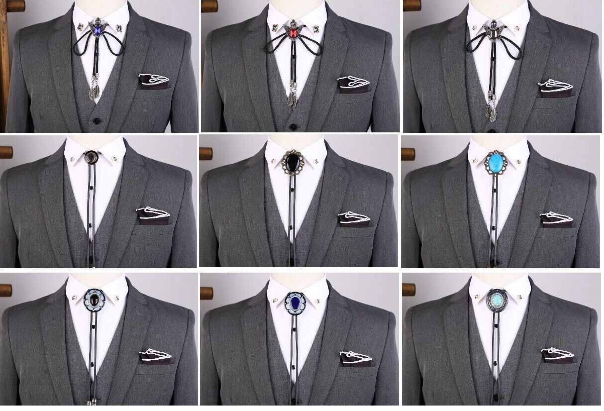 Men Bolo Tie Polyester Semi Precious Stone Pendant Suit Shirt Collar Accessories