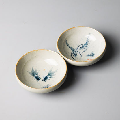 Vintage Hand Painted Shrimp Chinese Pottery Cups Tea Cup Set Teaware Goldfish