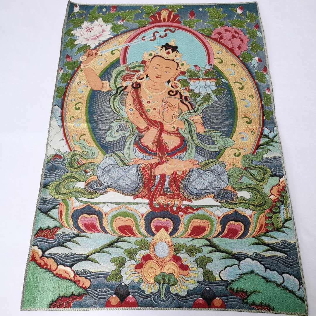 Tibet Buddhism Decor Silk Inwrought wisdom Manjushri Kwan-yin Thangka Mural