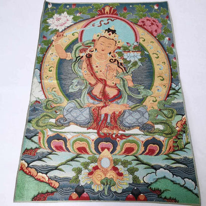 Tibet Buddhism Decor Silk Inwrought wisdom Manjushri Kwan-yin Thangka Mural