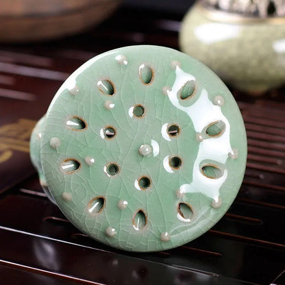 Longquan Celadon Ceramic Buddha Crafts Lotus Incense Burner Incense Coil Censer