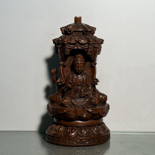 Vintage Wooden Decor Boxwood Carving Three Sides Buddha Statue Wood Sculpture