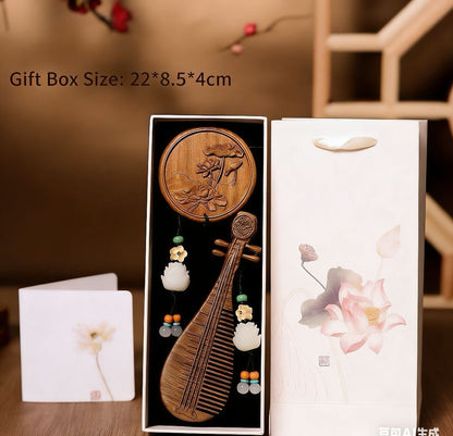 Sandalwood Gufeng Pipa Comb Mirror Set Chinese Style Gift Box Wooden Comb Set