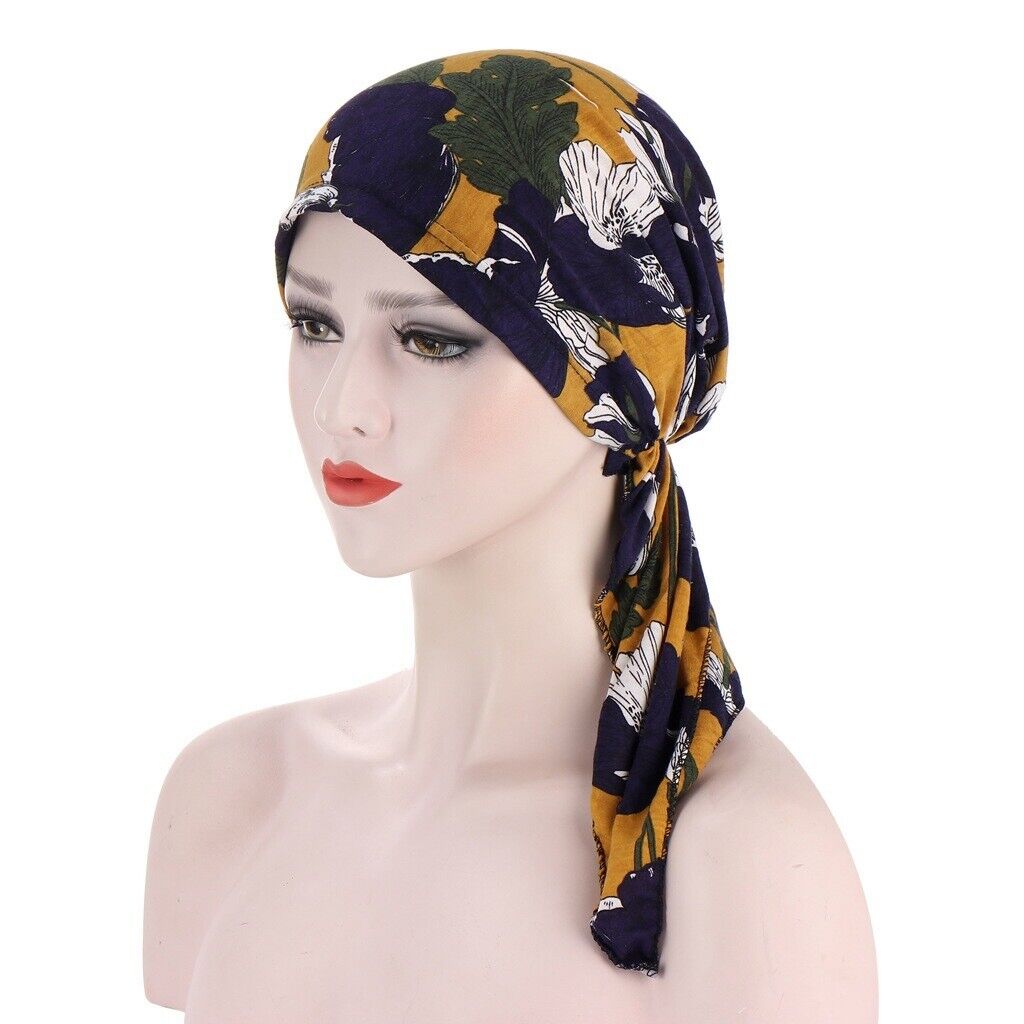 Women's Cancer Hat Chemo Cap Muslim Flower Print HeadWrap Long Head Scarf Turban