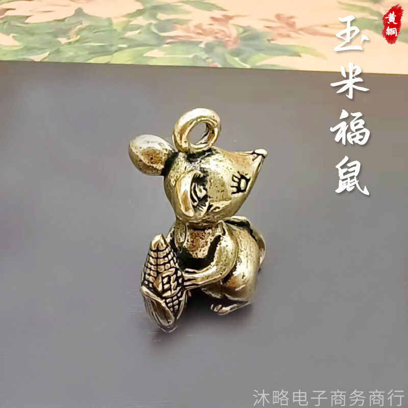 Corn Brass Foo Rat Keychain Small Pendant Zodiac Mini Cute Foo Rat Decoration -