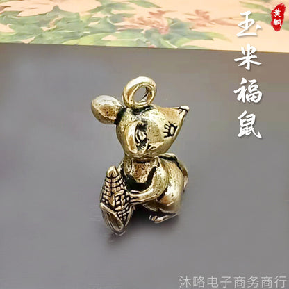 Corn Brass Foo Rat Keychain Small Pendant Zodiac Mini Cute Foo Rat Decoration -