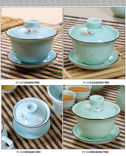 Carp / Golden Fish Relief Chinese Porcelain Tea Bowl Tea Service Cup Bowl Saucer