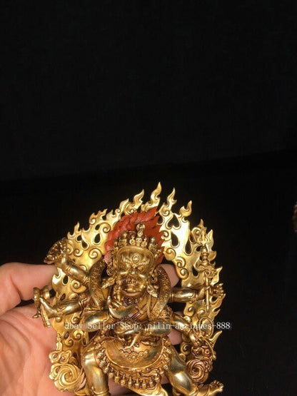 4.9" Old Tibet Buddhism Bronze Gilt 6 Arms Mahakala Wrathful Deity Buddha Statue