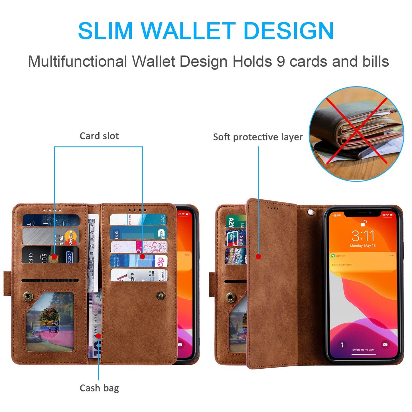 Zipper Leather Wallet Case For iPhone 17 Pro Max /16/15 Flip Cover