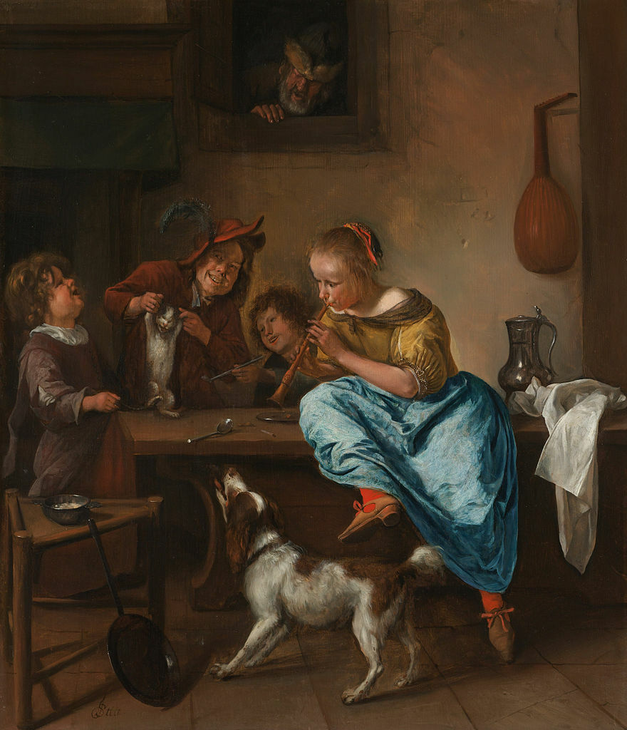 oil painting handpainted on canvas "Children teaching a cat to dance "