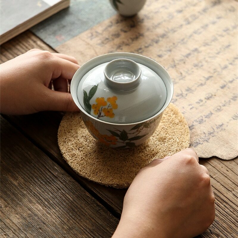 150ml Hand Painted Loquat Gaiwan Tureen Kung Fu Tea Ceremony Coffee Cups Bowls