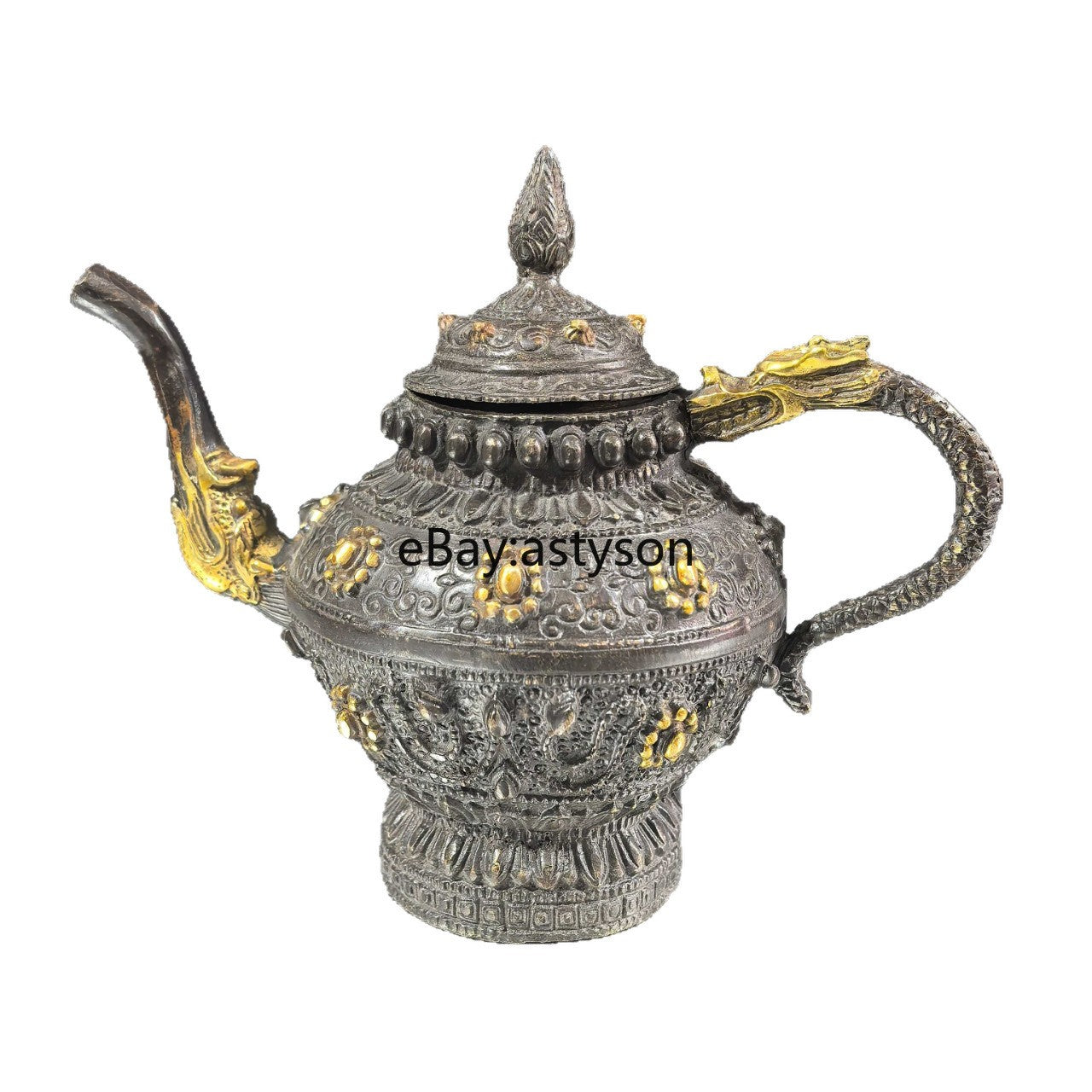 6" Antique Old Chinese Dynasty Bronze Gilt Feng Shui Dragon Teapot Teakettle