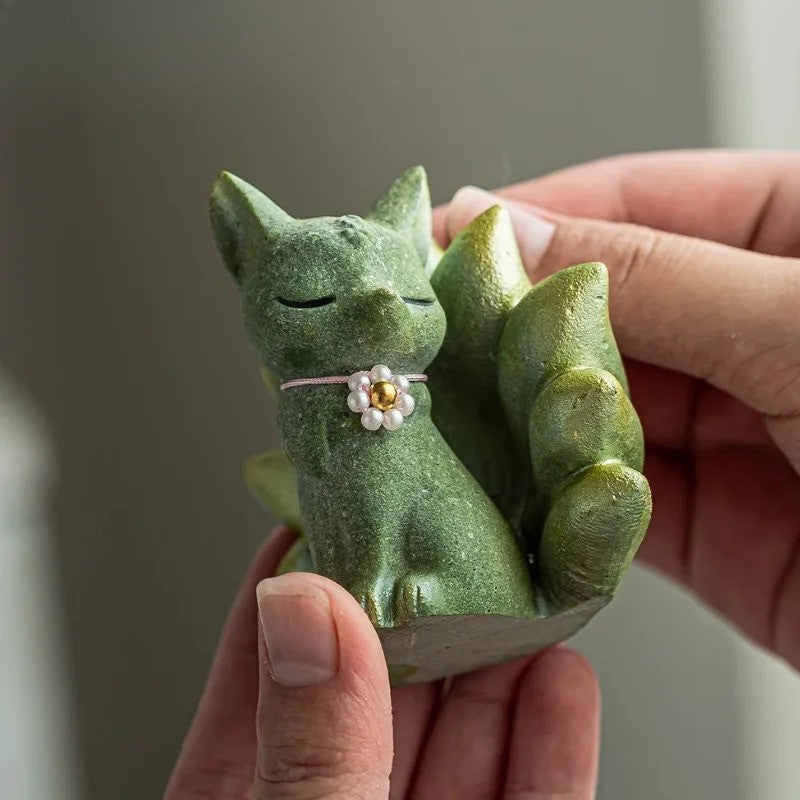 Green sandstone nine-tailed fox tea pet green tea statue ornament -