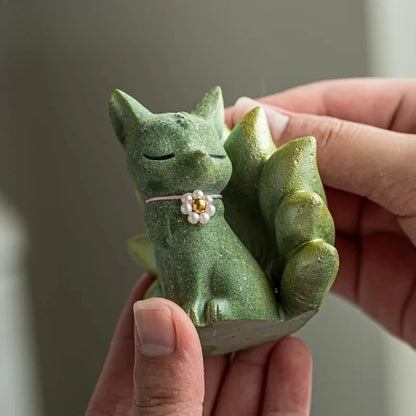 Green sandstone nine-tailed fox tea pet green tea statue ornament -