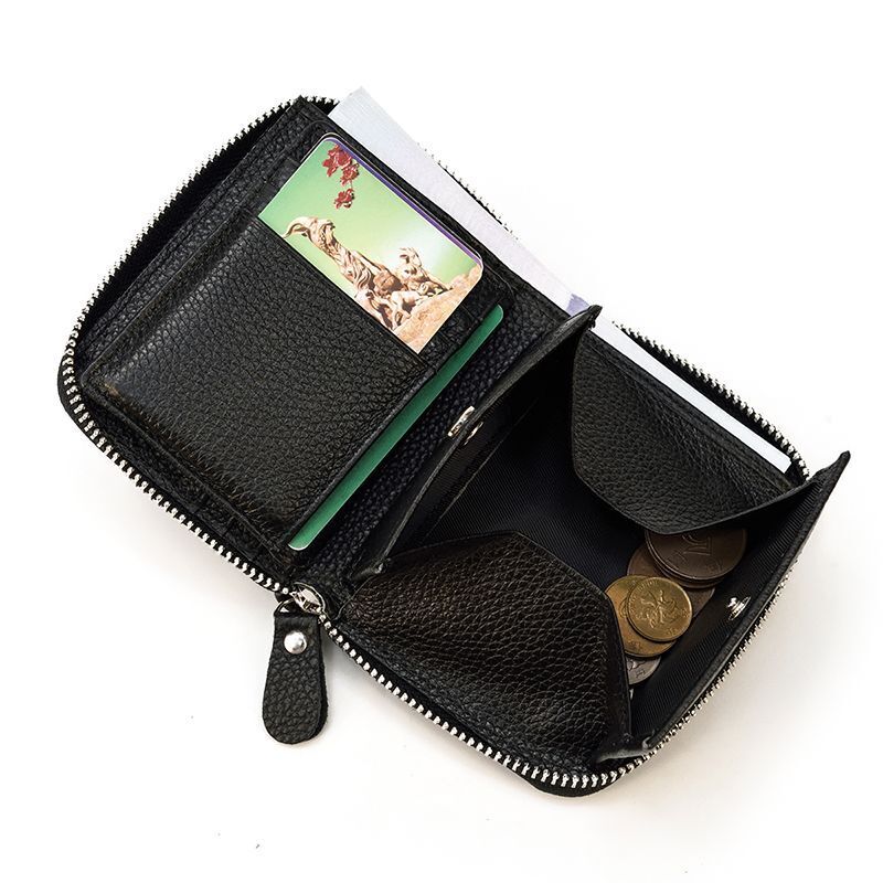 Real Leather Coin Wallet Zip Men Women Short Wallet Purse Zipper Brown Small