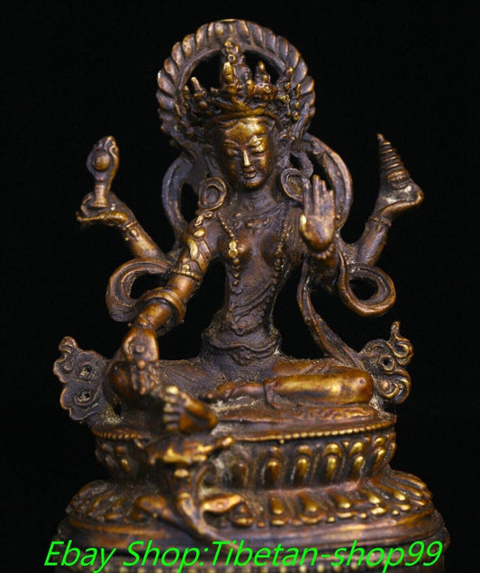 5.1'' Old Tibet Bronze 4 Arms Kwan-yin GuanYin Chenrezig Buddha Goddess Statue