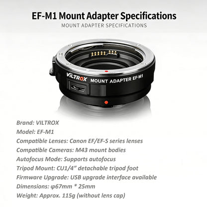 Viltrox EF-M1 Adapter – Canon EF/EF-S to M4/3 with AF, EXIF, Firmware Upgrade