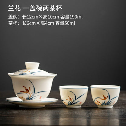 Mutton-fat Jade San Cai Gaiwan Tea Bowl Tea Set White Porcelain