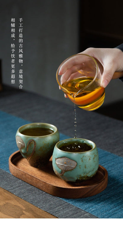 Lotus Pod Couple Cup Set Rough Pottery Stone Green Glaze Master Tea Cup Gift Box
