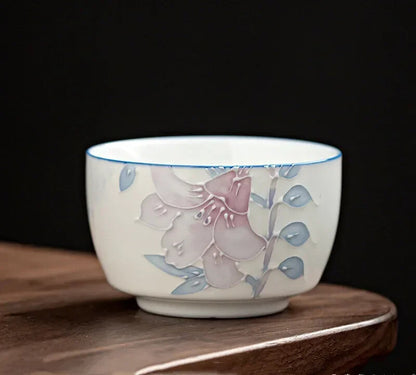 Chinese Hand-painted Ceramic Teacup Three-dimensional Relief Flowers Tea Set