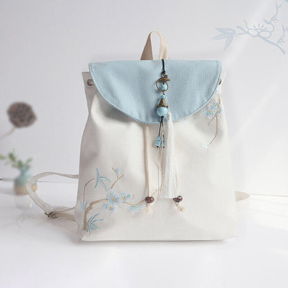 Canvas Embroidered Flower Backpack Tassel Casual Bundle Girls Mouth Bag Womens