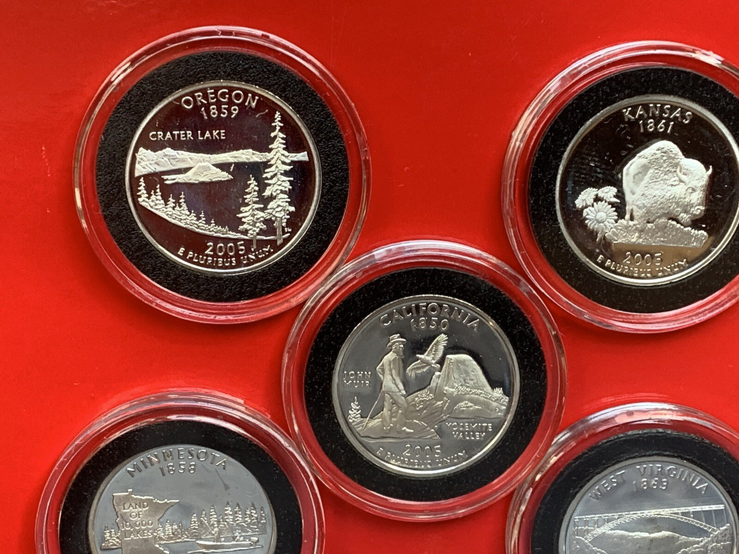 2005 S State Quarters Silver GEM Proof 5-Coins Set CA OR MN KS WV States SF Mint