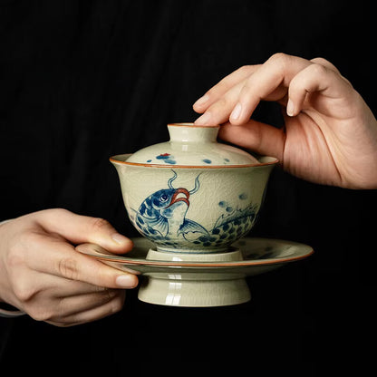 Hand-painted Pottery Clay Gaiwan Ru Porcelain Fish Dargon Bowls Cover Bowl