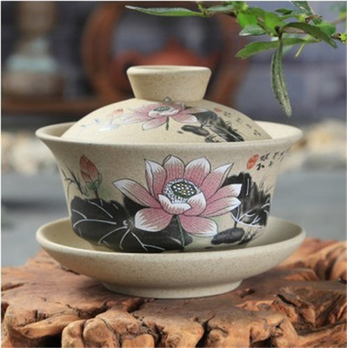 Pottery Gaiwan Floral Mountain-river Tureen Chinese Tea Cup Bowl Lid Saucer Cups